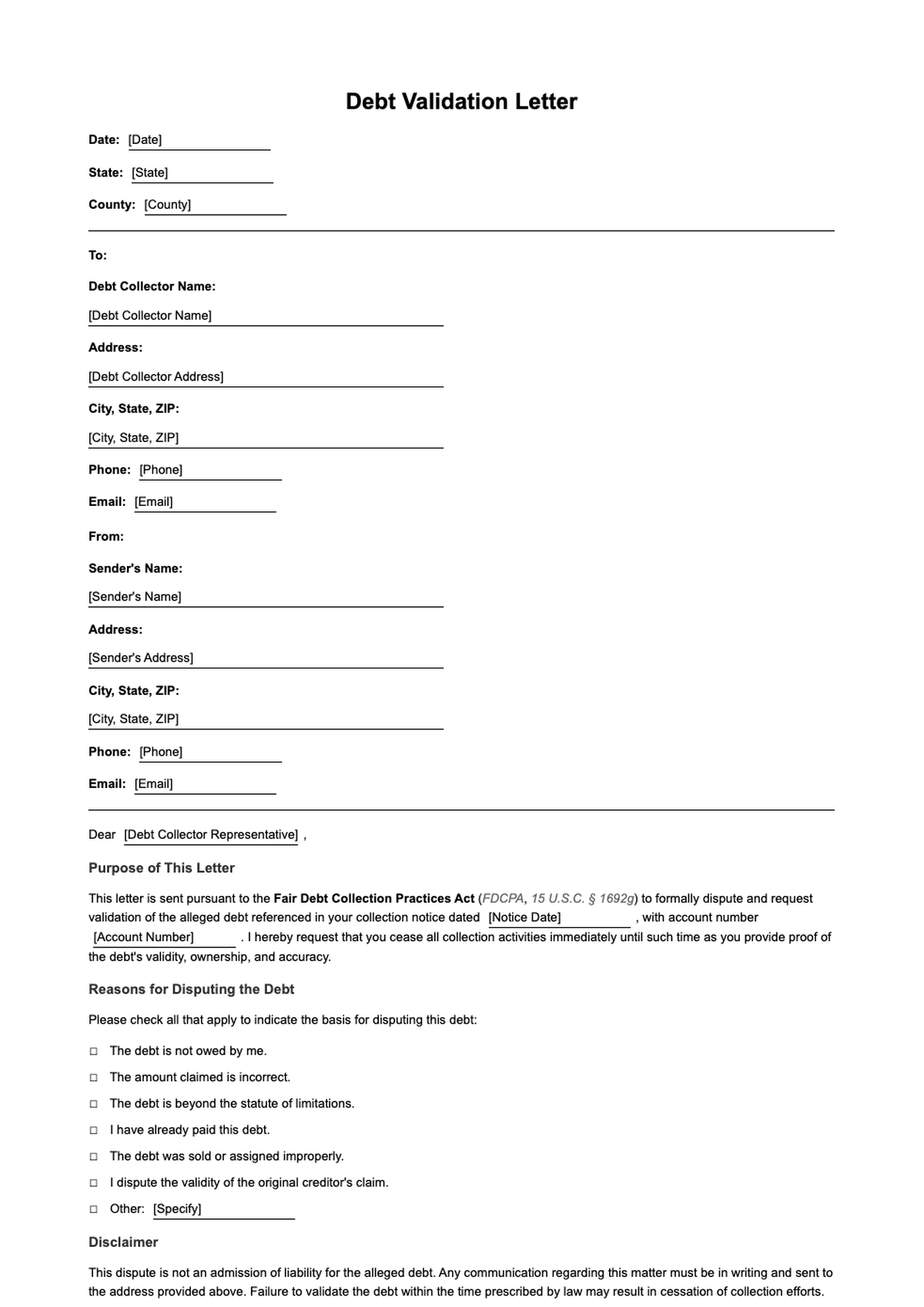 Lawyer crafted debt validation letter template with FDCPA compliance fields_variant_1